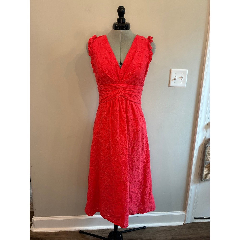 Maggy London Red Eyelet Cotton Midi Dress Sleeveless Ruffle V-Neck Size 2